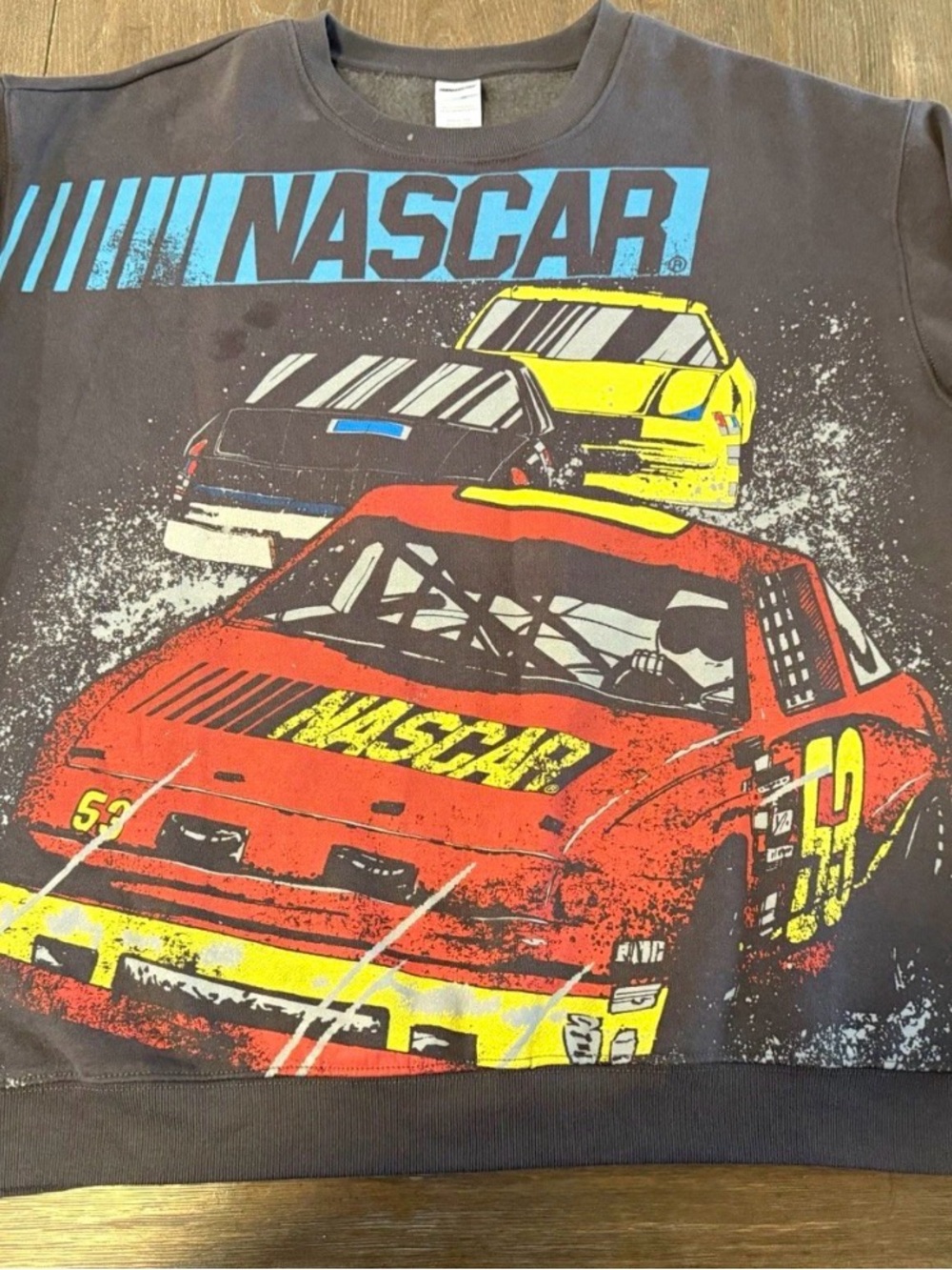 Nascar Black Sweatshirt with Red, Yellow & Blue Race Car Graphics